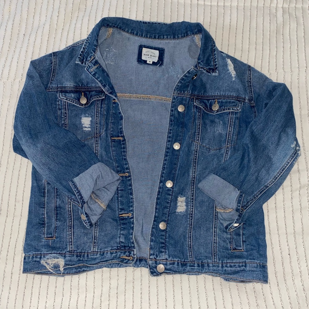 Dark wash distressed denim jacket